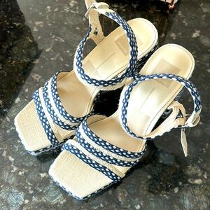 Chunky block heel, blue and white embroidered Dolce Vita sandals